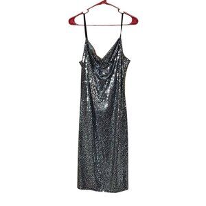 Vtg Y2K BEBE Sequin Silver Dress Cowl Neck Strappy Midi Stretch Sz XL NYE Party